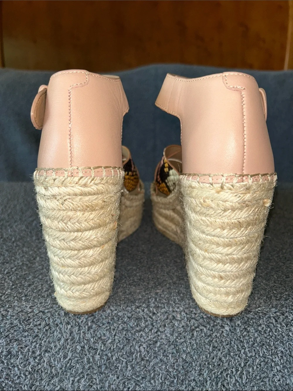 Marc Fisher Pink Ankle-Strap Espadrille Wedges with Snake-Print Straps